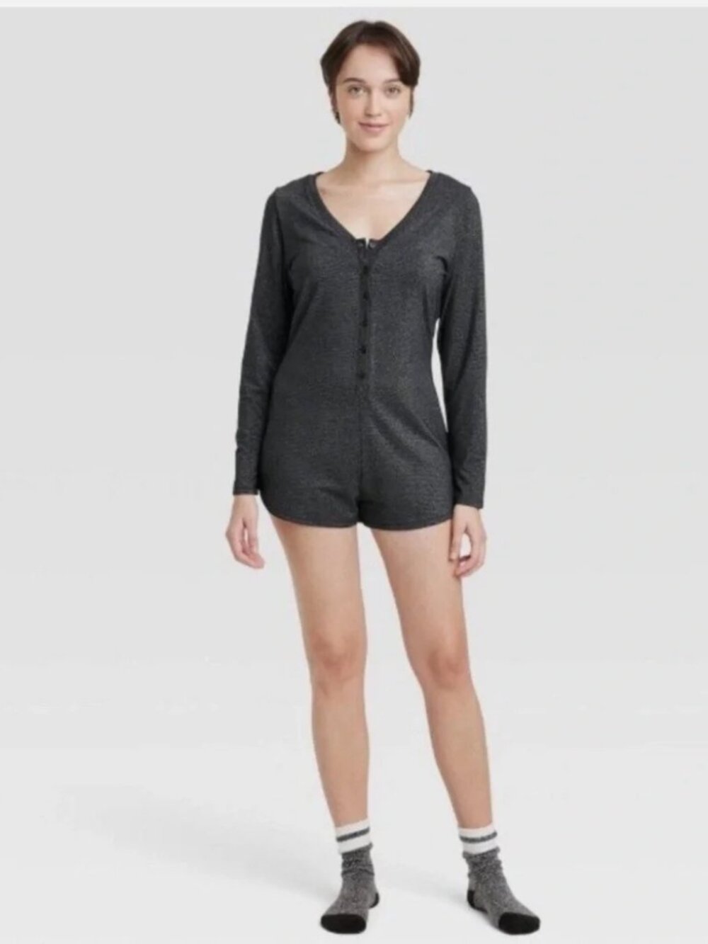 Colsie V-Neck Pajama Romper Black Metallic Button Front Size Small